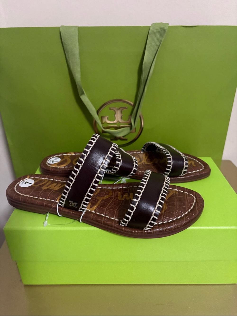 Sam Edelman Brown Leather Double-Strap Slides with Contrast Stitching